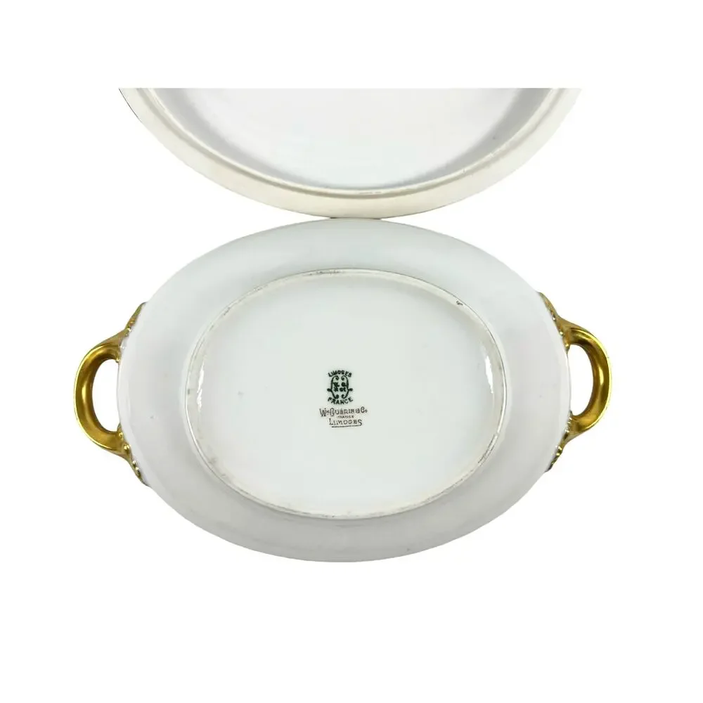 Wm Guerin & Co Limoges France White Antique Covered Serving Dish Gold Accents!